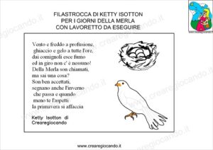 Immagine di una filastrocca delle merla di Ketty Isotton con immagini da colorare