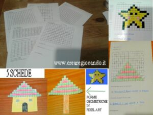 65. MATEMATICA 5 SCHEDE, LE FORME GEOMETRICHE IN PIXEL ART, DA COLORARE CON ADDIZIONI, MAGGIORE MINORE, MOLTIPLICAZIONI E SOTTRAZIONI