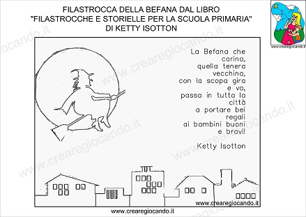 Immagine della befana in volo sopra i tetti con la filastrocca della befana di Ketty Isotton