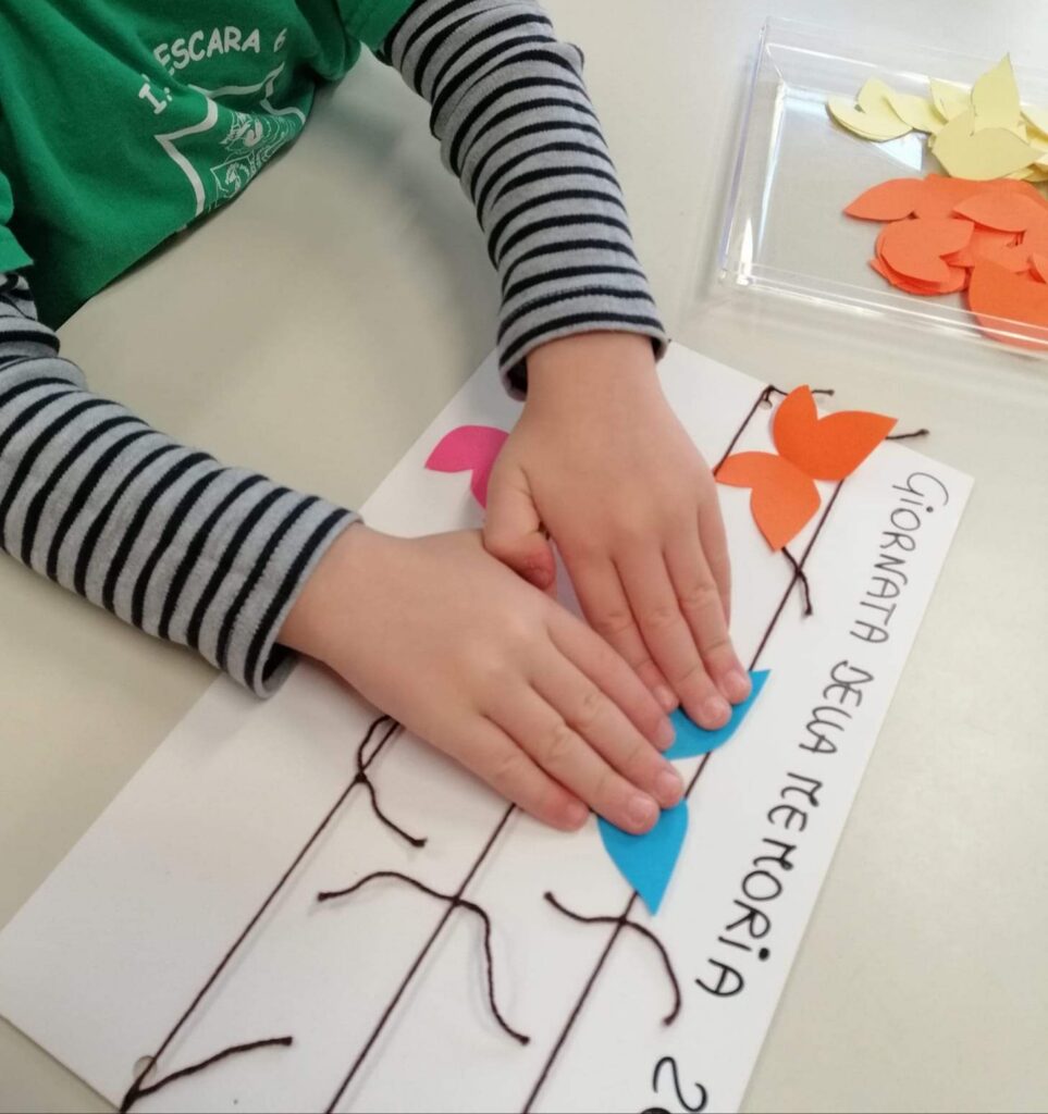 Immagine delle mani di un bambino che stanno attaccando delle farfalle colorate in un foglio, sopra del filo di lana nero, per rappresentare un lavoretto inerente alla giornata della memoria  