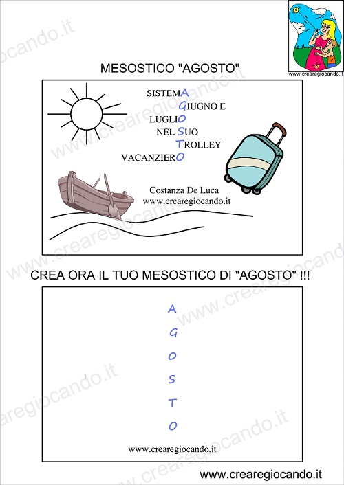 Immagine di una scheda con il mesostico di agosto, sia da inventare che da leggere